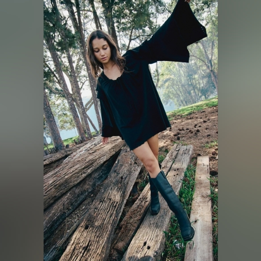 NWT Free People Black Chelsey Bell Long Sleeves Mini Dress